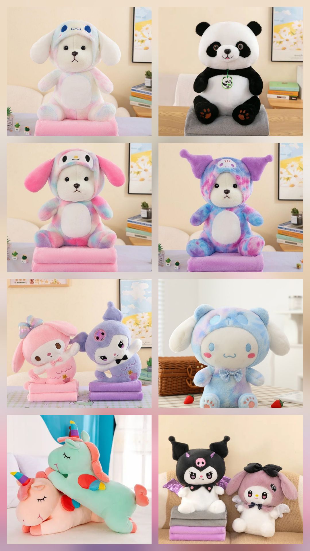 عروسک پتو بالشتی فانتزی با طرح های کرومی ، ملودی ، سینامورول ، پاندا و یونیکورن _ محصولات وارداتی آران فانتزی